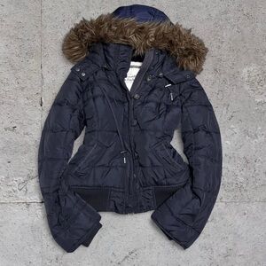 Abercrombie & Fitch Y2K Navy Blue Faux-Fur Hood Jacket